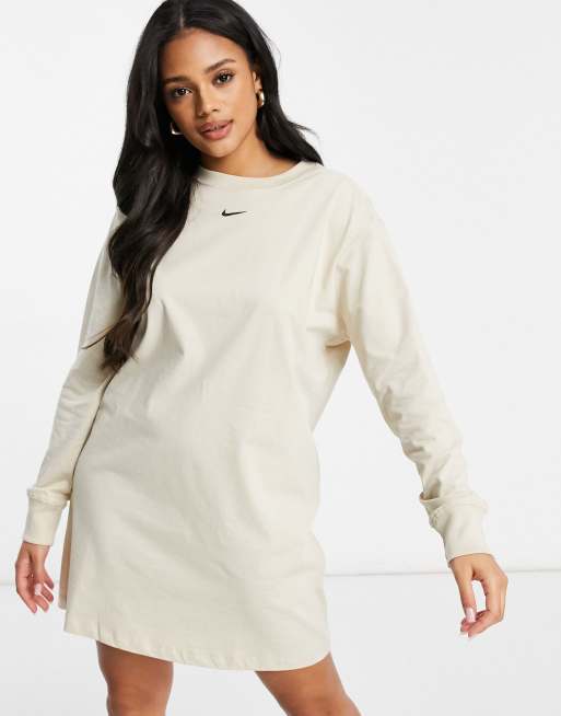 Nike mini swoosh long sleeve t shirt dress in oatmeal