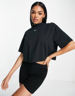 Nike mini swoosh mock neck boxy crop t-shirt in black and sail