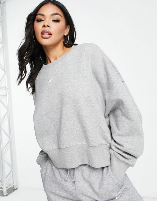 Nike mini swoosh over-oversized crop sweatshirt in grey and sail | ASOS
