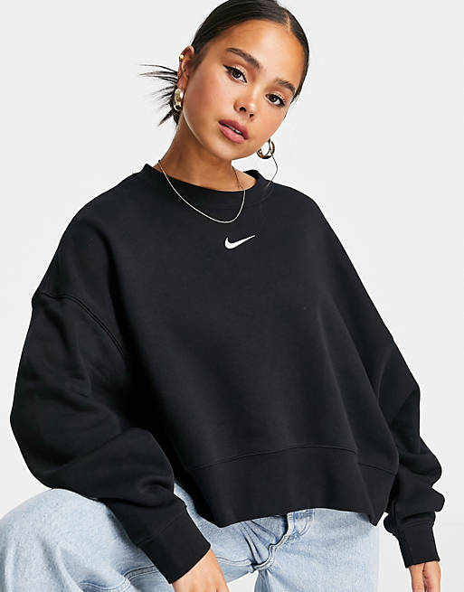 Nike mini Swoosh oversized boxy sweatshirt in black | ASOS