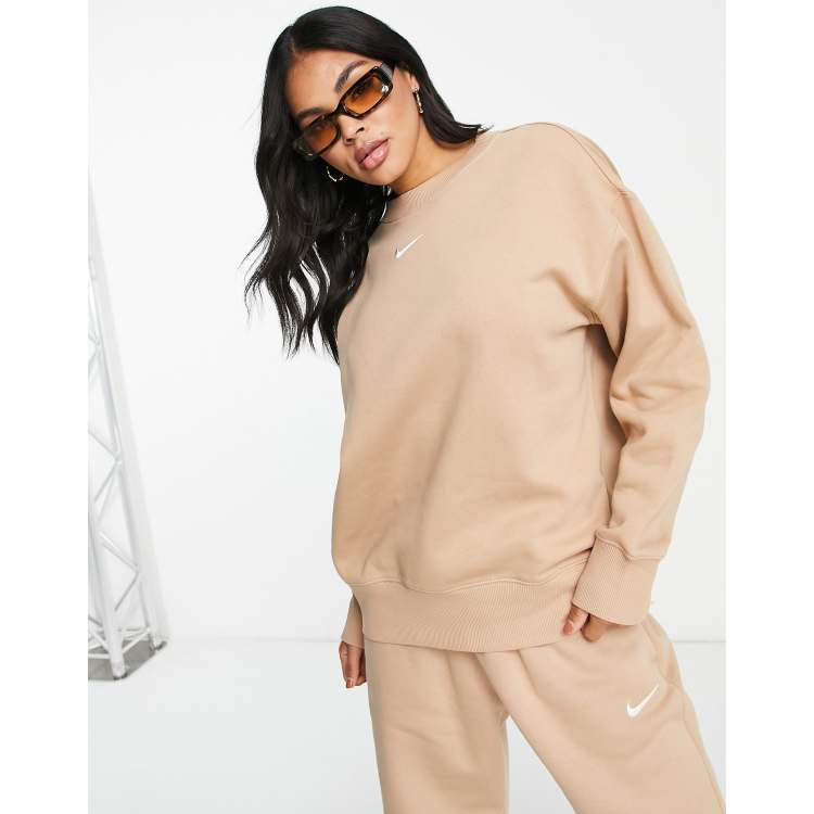 Nike mini swoosh oversized crew sweatshirt in hemp brown ASOS