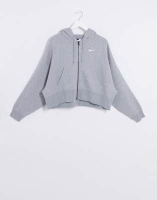 nike mini swoosh oversized cropped grey zip through hoodie