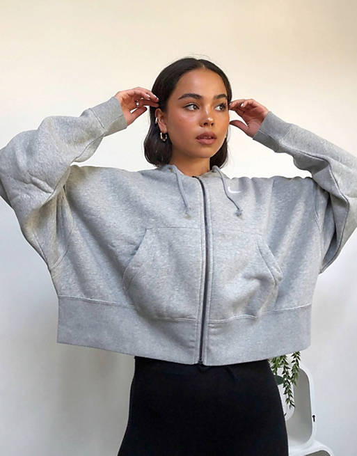 Nike mini swoosh oversized cropped gray zip through hoodie