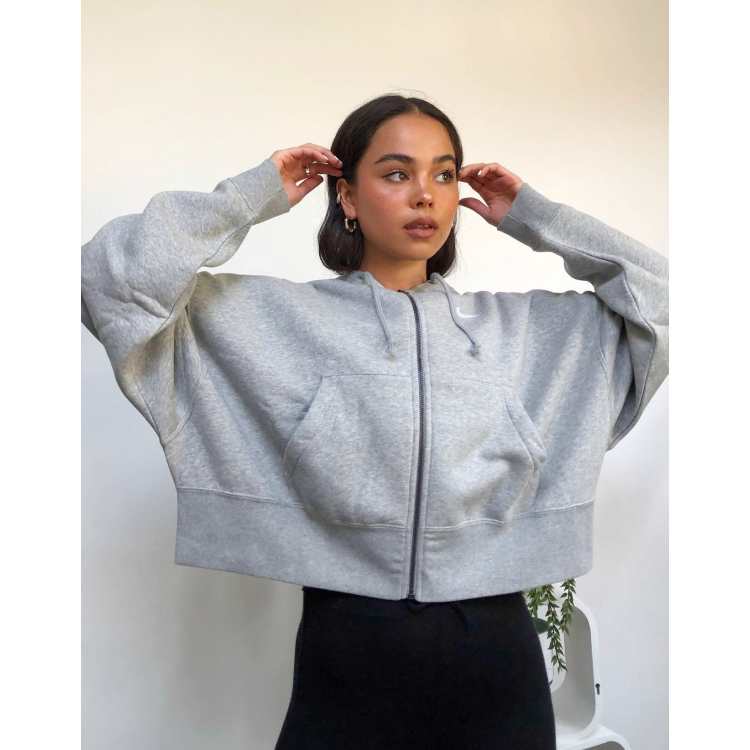 Nike mini swoosh oversized cropped gray zip through hoodie ASOS