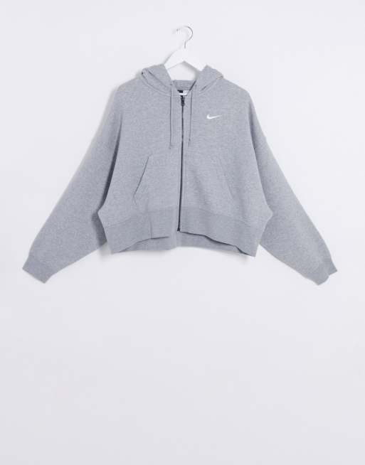 Nike mini swoosh oversized cropped gray zip through hoodie