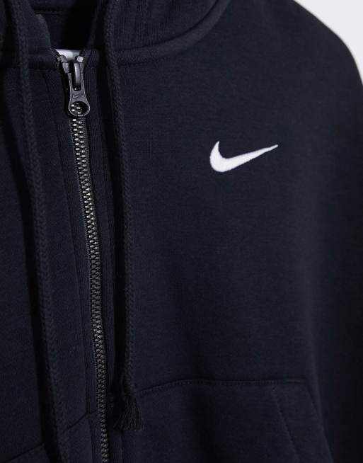 Nike mini swoosh oversized cropped zip through hoodie in black