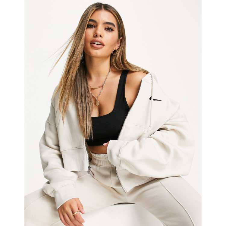 Nike mini swoosh oversized cropped zip through hoodie in desert