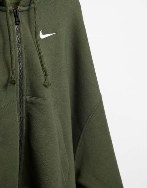 Nike mini swoosh oversized cropped zip through hoodie in khaki ASOS