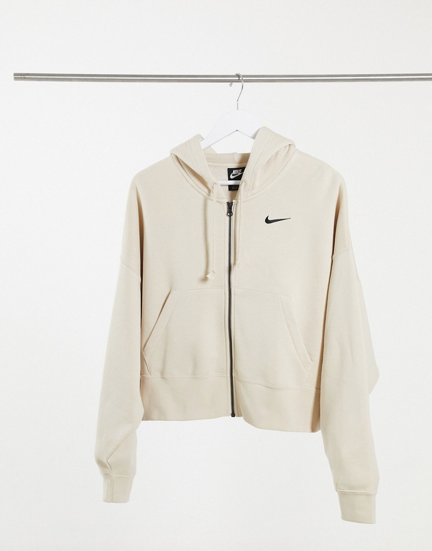 Nike mini swoosh oversized cropped zip through hoodie in oatmeal-Beige