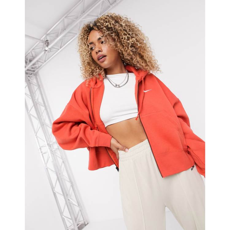 Nike mini swoosh oversized cropped zip through hoodie in red