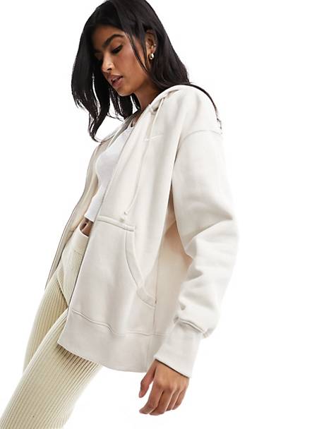 Nike mini swoosh oversized fleece zip through hoodie in light orewood brown