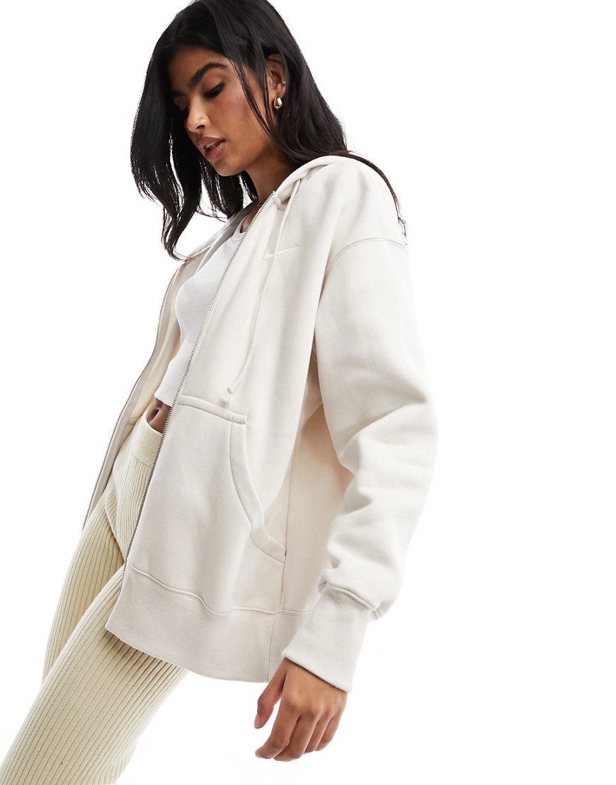 Nike mini swoosh oversized fleece zip through hoodie in light orewood brown-White
