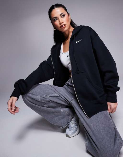 Nike mini swoosh oversized hot sale cropped black zip through hoodie