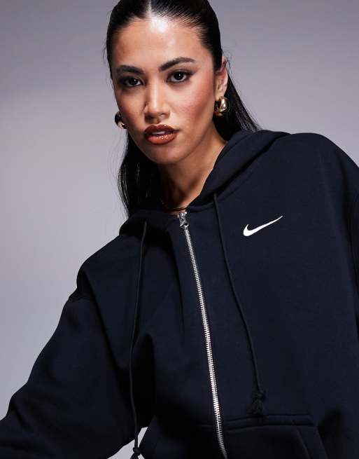 Nike mini swoosh oversized full zip hoodie in black and sail