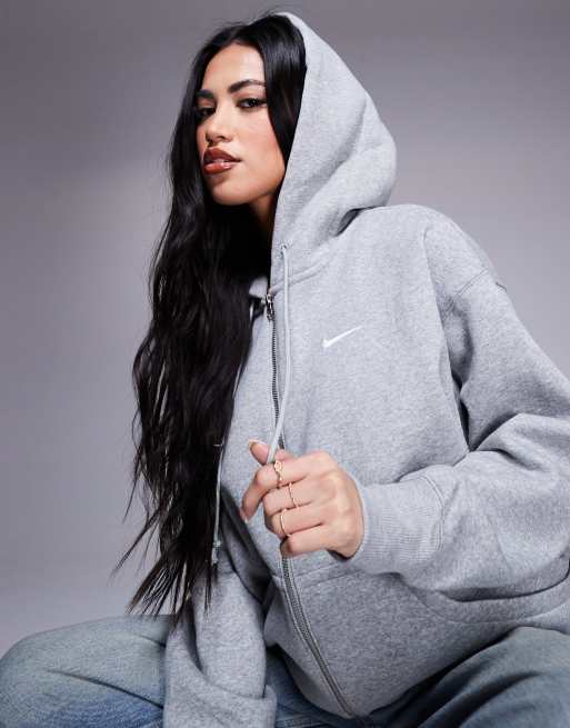 Nike mini swoosh oversized full zip hoodie in grey and sail