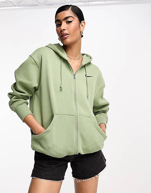 Nike mini swoosh oversized full zip hoodie in oil green | ASOS