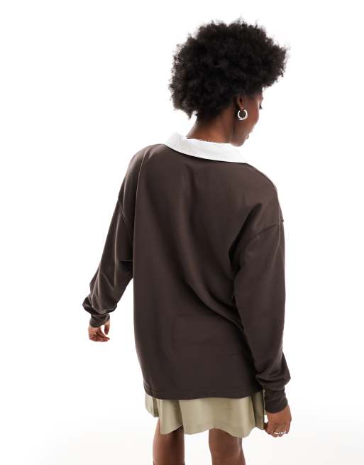 Nike mini swoosh oversized long sleeve polo in baroque brown