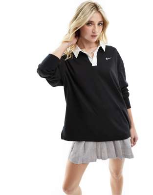 Nike Mini Swoosh Oversized Long Sleeve Polo In Black In Black