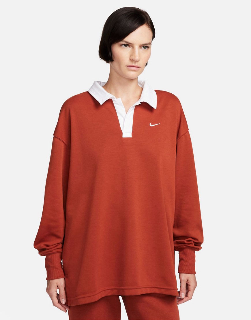 Nike Mini Swoosh Oversized Long Sleeve Polo In Rugged Orange-red
