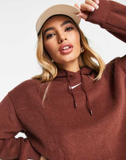 Nike mini swoosh oversized plush hoodie in burgundy