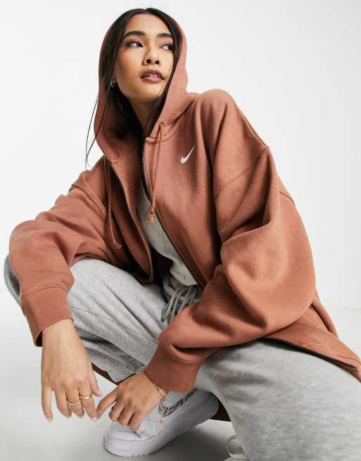 Nike mini swoosh oversized zip up hoodie in mineral clay