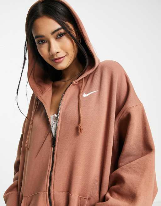 Nike mini swoosh oversized zip up hoodie in mineral clay