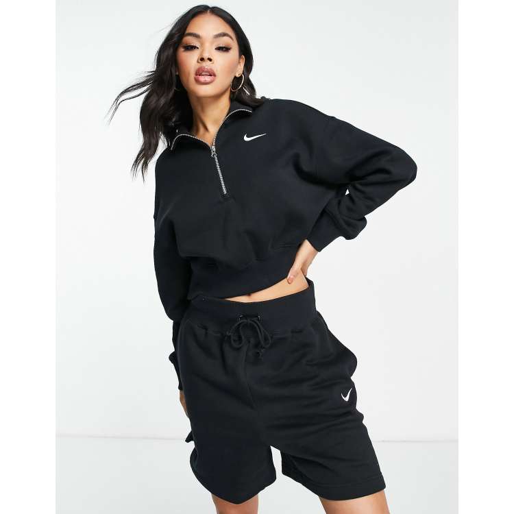 Nike mini swoosh oversized cropped zip through hoodie in blac hot sale