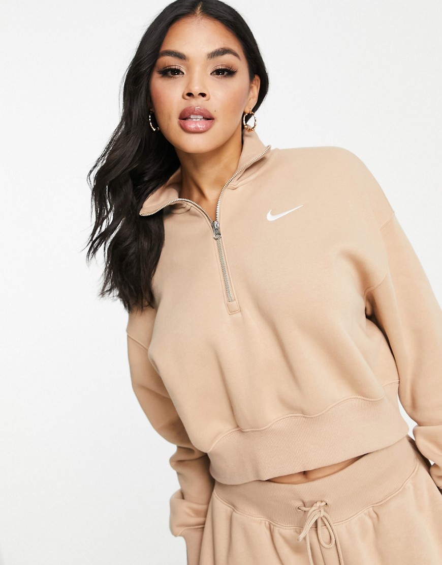 Nike mini swoosh quarter zip sweatshirt in hemp brown