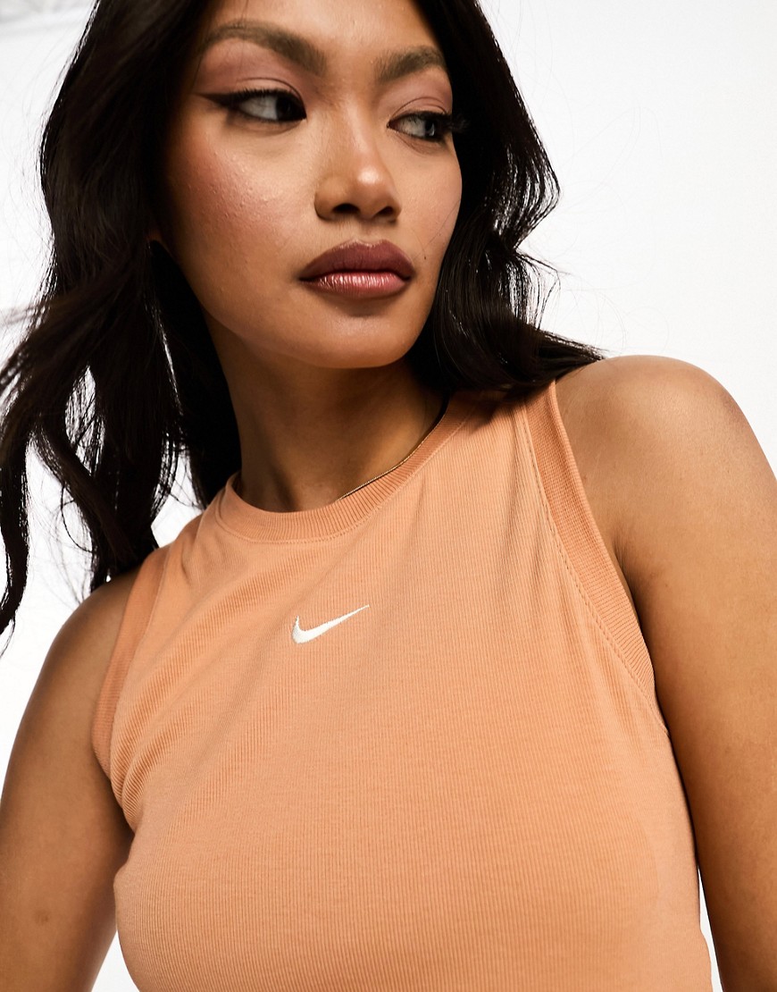 Nike mini swoosh rib crop curve hem tank top in amber brown