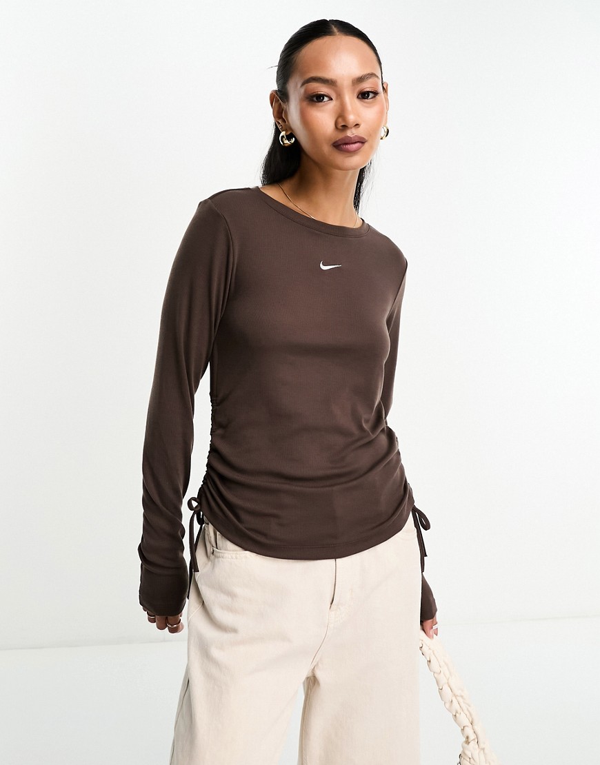 Nike Mini Swoosh Rib Drawstring Long Sleeve T-shirt In Baroque Brown-white