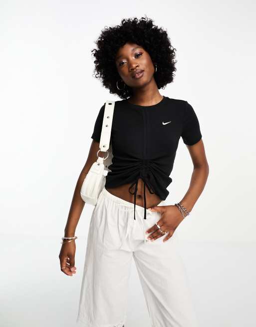 Nike mini swoosh rib tie front t shirt in black ASOS