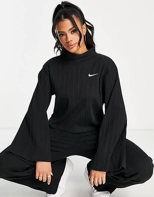 Nike mini swoosh ribbed jersey co ord in black