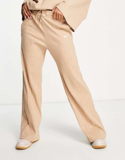 Nike mini swoosh ribbed jersey wide leg trousers in hemp beige