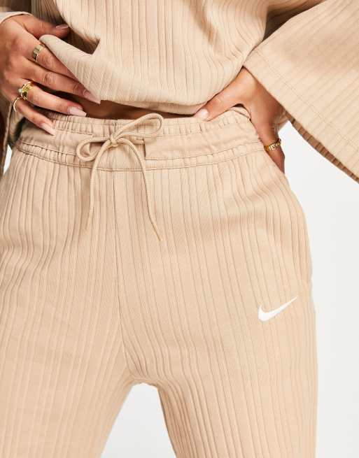 Nike mini swoosh ribbed jersey wide leg trousers in hemp beige