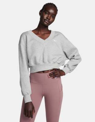 Nike Sportswear Phoenix Fleece V-neck Crop Sweatshirt In Gray
