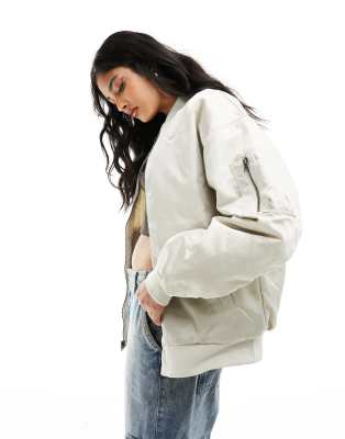 Nike Mini Swoosh Varsity Bomber Jacket In Light Orewood Brown-white In White