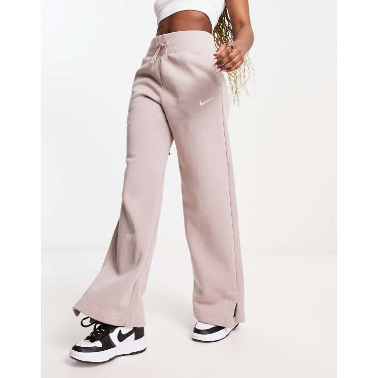 Nike Mini Swoosh wide leg joggers in taupe, ASOS