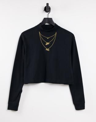 Nike necklace detail mock-neck long sleeve t-shirt in white-Black