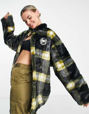 Nike NSW Pack faux fur plaid jacket in black