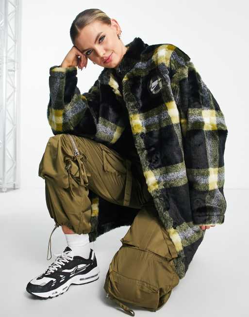 Nike NSW Pack faux fur plaid jacket in black