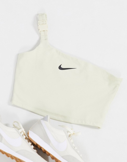 Nike one shoulder buckle crop top in off white