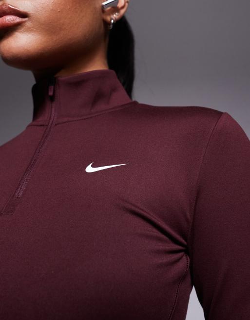 Nike - One Training - Bordeauxrød langærmet og tætsiddende top med kort lynlås, 2 af 4
