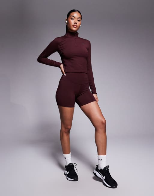 Nike - One Training - Bordeauxrød langærmet og tætsiddende top med kort lynlås, 3 af 4