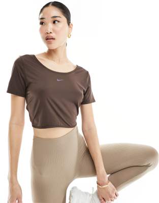 Nike One Training Dri-FIT slim twist back crop t-shirt in baroque brown