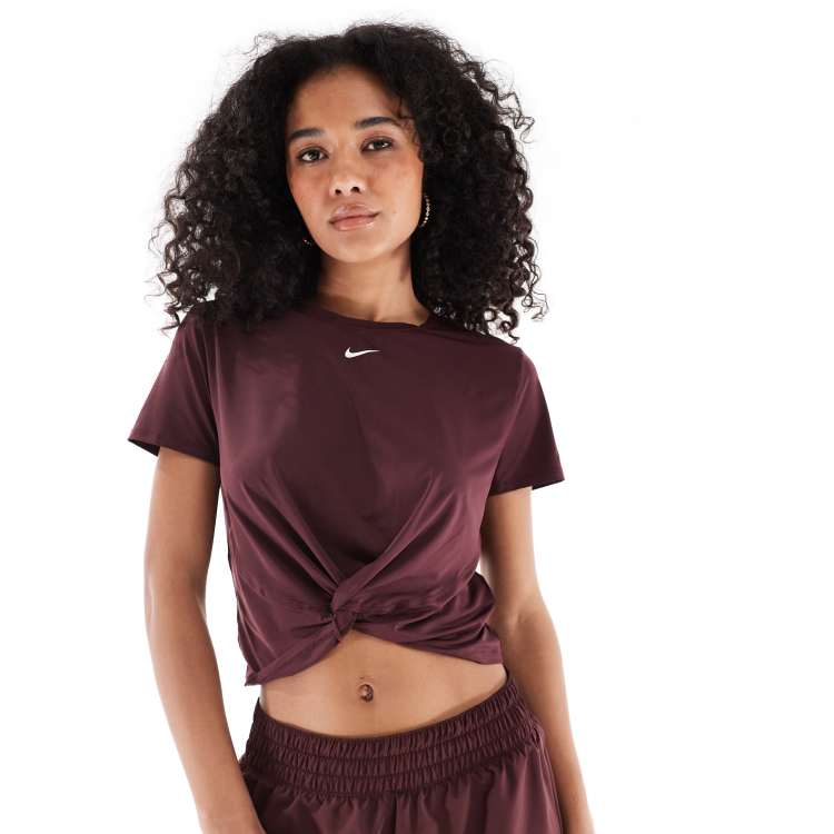 Nike One Training Dri-FIT twist front t-shirt in burgundy ASOS