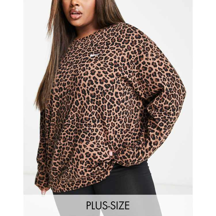 Nike One Training Plus Felpa girocollo marrone leopardata in tessuto dri fit