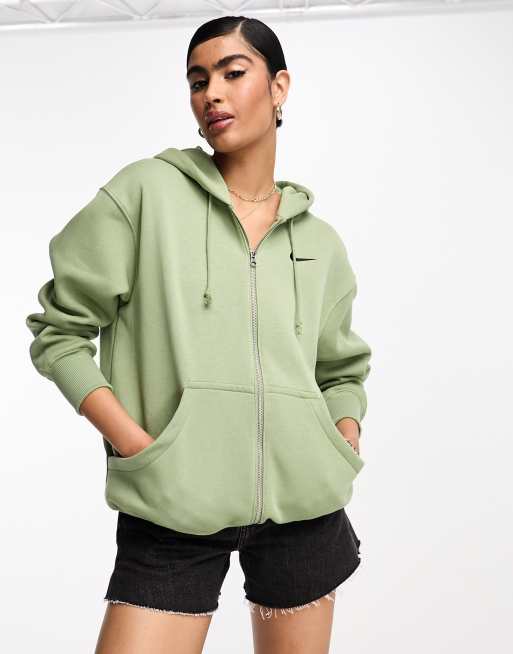 Nike – Oversize-Kapuzenjacke in Ölgrün mit kleinem Swoosh-Logo und Reißverschluss