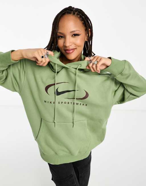 Nike Oversize Kapuzenpullover aus Fleece in Olgrun mit Swoosh Logo