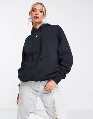 Nike - Oversize-Kapuzenpullover in Schwarz und Segelweiß mit kleinem Swoosh-Logo