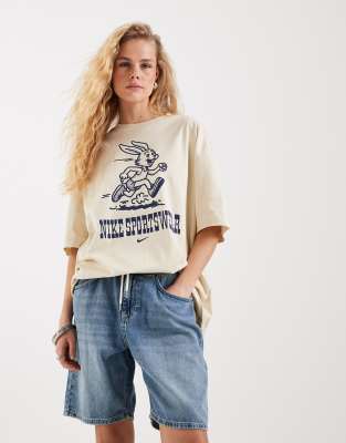 Oversize-T-Shirt in Beige mit Grafik-Weiß Weiß M
